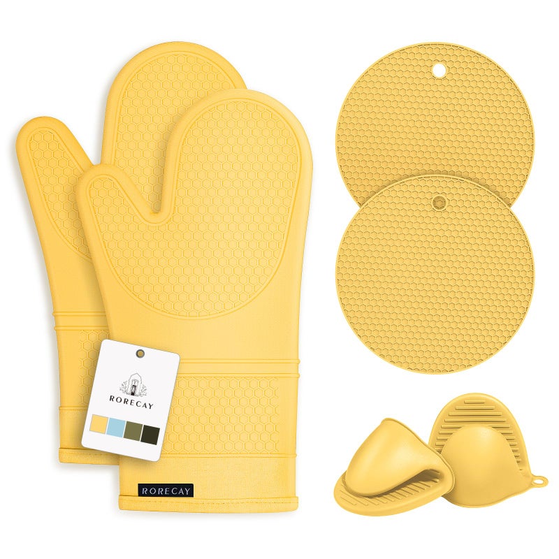 Rorecay Silicone Oven Mitts and Pot Holders Sets: Heat Resistant Silicone Oven Mittens with Mini Oven Gloves Hot Pads Potholders for Kitchen Baking Cooking  Quilted Liner  Samoan Sun - Image 1