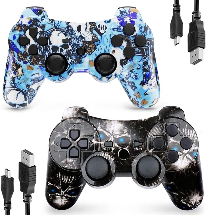 CHENGDAO جهاز تحكم CHENGDAO لـ PS3، حزمة مزدوجة من أجهزة التحكم اللاسلكية لـ PlayStation 3 6-Axis مع اهتزاز مزدوج عالي الأداء، تحكم حركي، كابل شحن USB (جمجمة + أزرق) - Image 1