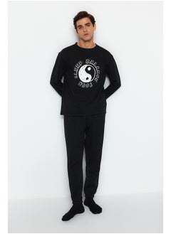 Men's Black Regular Fit Printed Knitted Pajamas Set