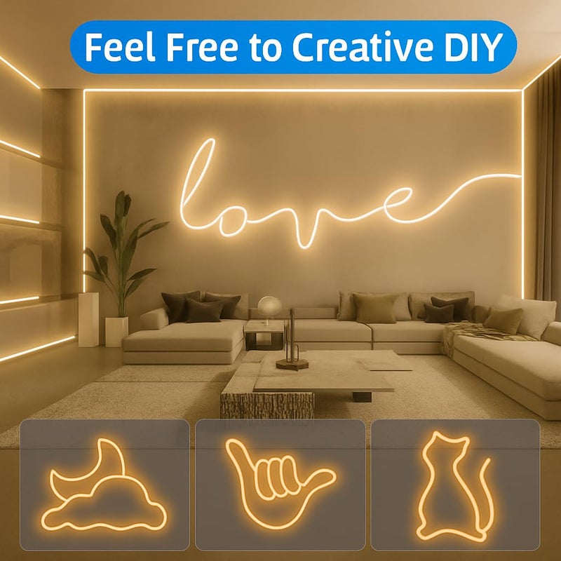 Gesto شريط إضاءة نيون LED بطول 16.4 قدم مع محول 12 فولت | ضوء مرن قابل للقطع ومقاوم للماء لتزيين الجدران، الزينة الداخلية والخارجية، الأسماء المخصصة، اللافتات وإضاءة ديوالي - أبيض دافئ - Image 2