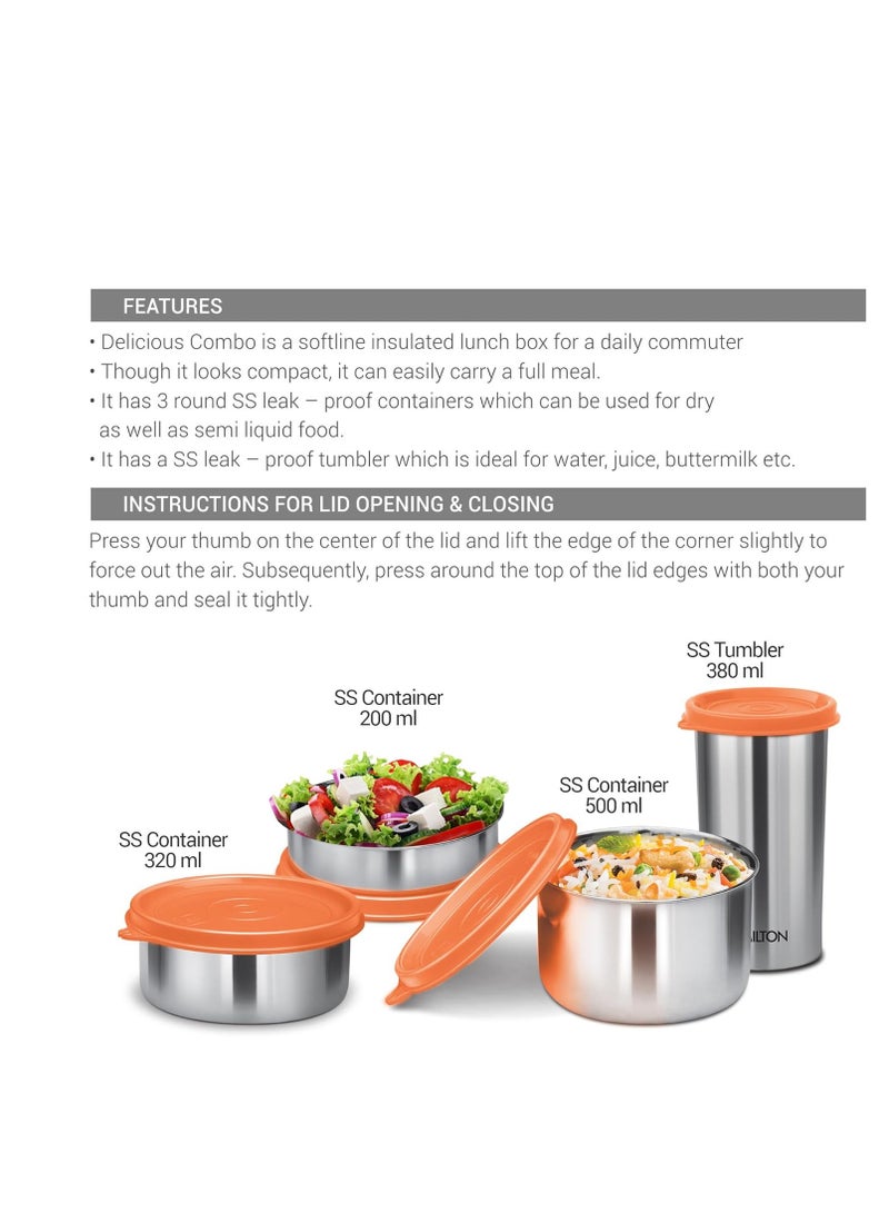 Milton Milton delicious lunch box with insulated fabric jacket, three stainless steel containers 210 ml, 340 ml, 500 ml and tumbler 380 ml, leak-proof lunch box  - Image 3