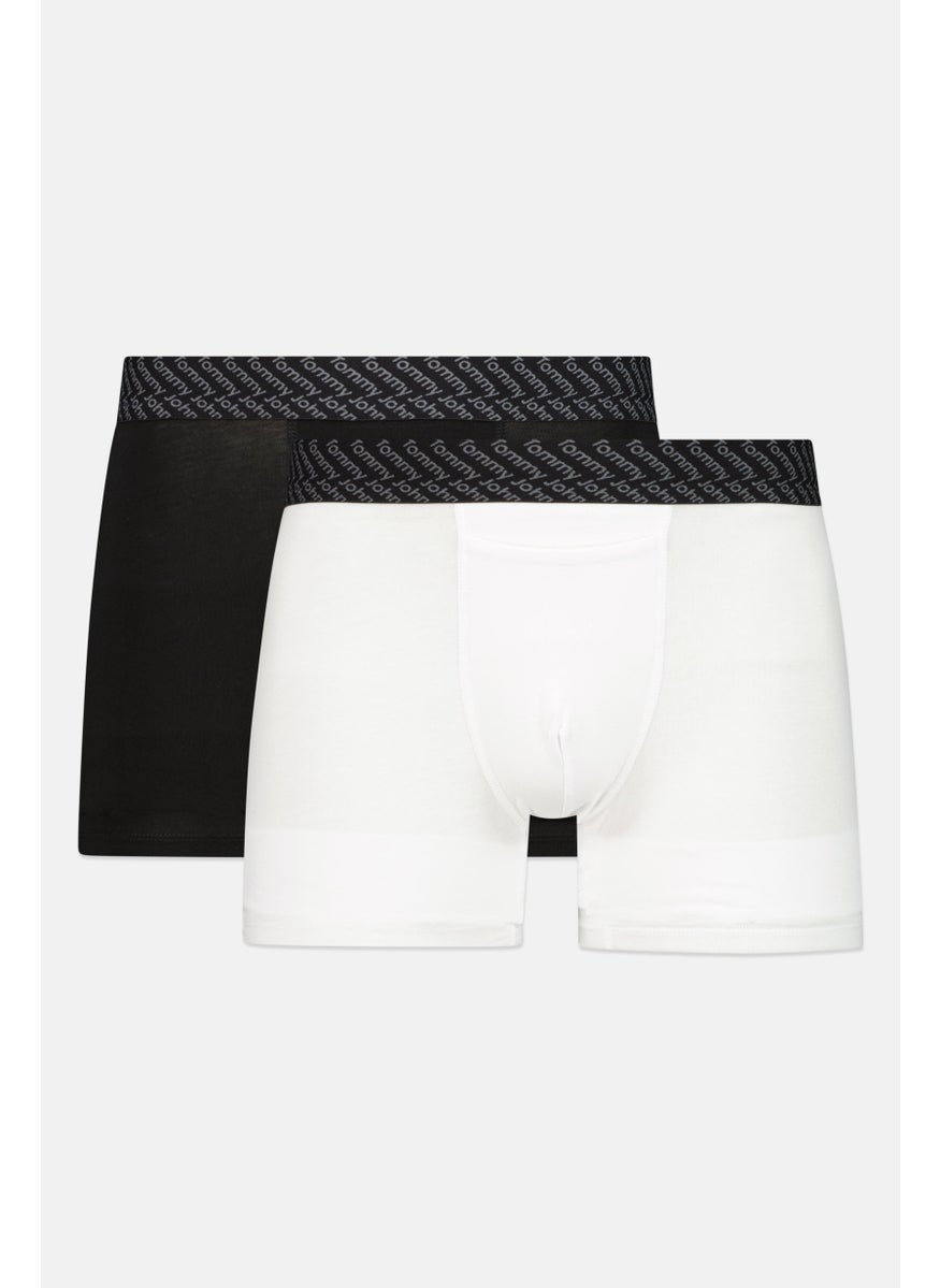 Tommy John - Men 2 Pieces 8 Inseam Brand Logo Boxer Beirfs, Black/White - Image 1