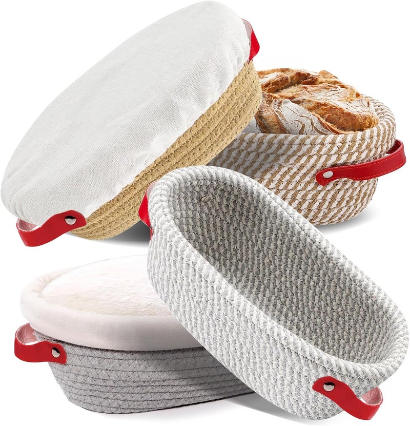 nalcant 10 Inch Oval Cotton Rope Banneton Bread Proofing Basket Banneton Basket Set of 4 Sourdough Bread Baking Supplies with Liner & Cover - Image 1