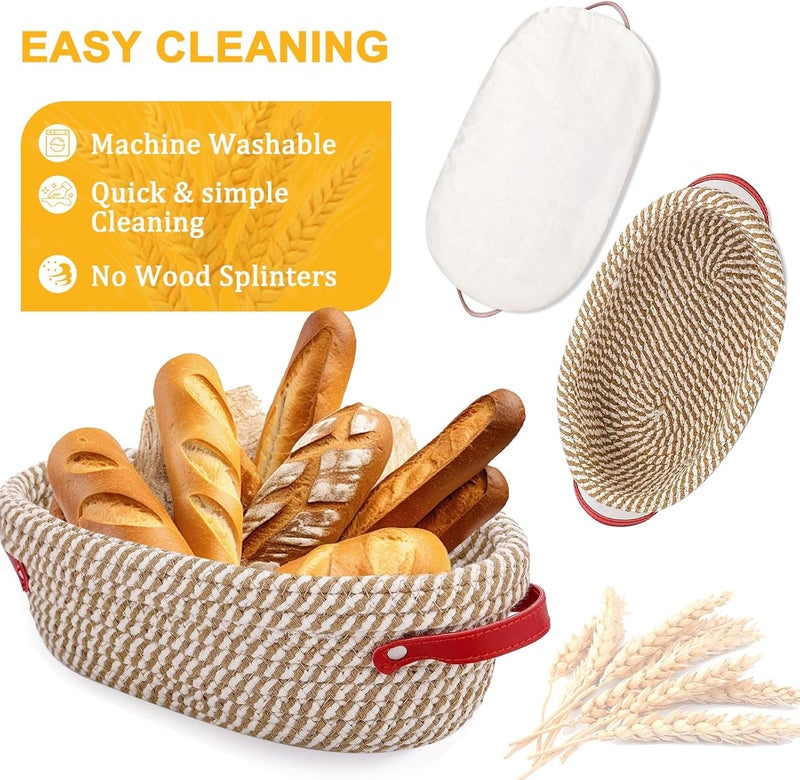 nalcant 10 Inch Oval Cotton Rope Banneton Bread Proofing Basket Banneton Basket Set of 4 Sourdough Bread Baking Supplies with Liner & Cover - Image 3