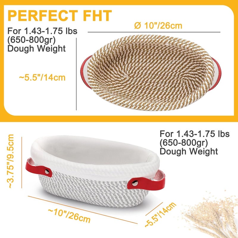 nalcant 10 Inch Oval Cotton Rope Banneton Bread Proofing Basket Banneton Basket Set of 4 Sourdough Bread Baking Supplies with Liner & Cover - Image 4