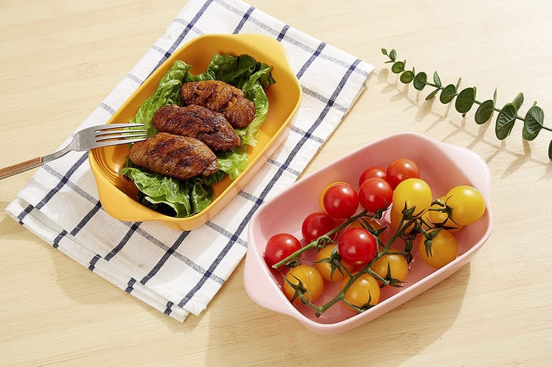 Trifecta طبق خبز خزفي مستطيل ملون غير لامع مع مقبض للفرن - صينية خزفية للخبز - صينية لازانيا - أدوات خبز فردية 9x5 بوصة (عبوة صفراء ووردية - 2) - Image 2