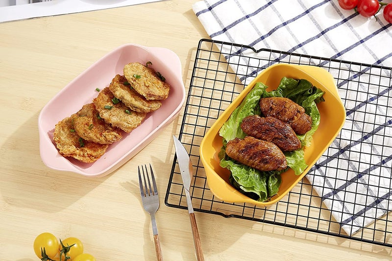 Trifecta طبق خبز خزفي مستطيل ملون غير لامع مع مقبض للفرن - صينية خزفية للخبز - صينية لازانيا - أدوات خبز فردية 9x5 بوصة (عبوة صفراء ووردية - 2) - Image 3