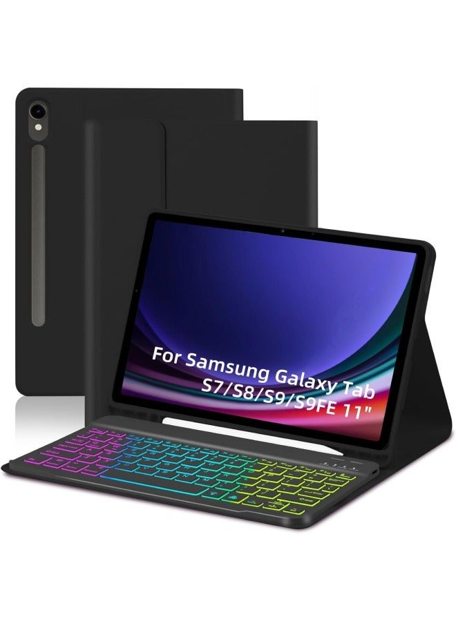general Bluetooth keyboard suitable for Samsung Tab S7/S8/S9/S9 FE 11-inch colorful backlit keyboard leather case - Image 1
