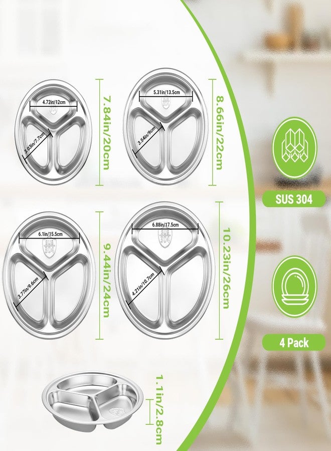 Offiper 304(18/8) Stainless Steel Compartment Plates, 4 Pack Mixing Sizes 7.87” 8.7” 9.4” 10.2” Round Divided Trays with 3 Dividers for Portion Control, Metal Sectional Stackable Dishes for Eating - Image 2