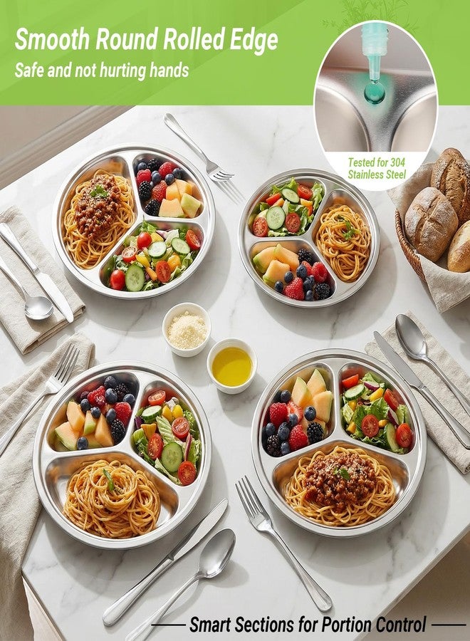 Offiper 304(18/8) Stainless Steel Compartment Plates, 4 Pack Mixing Sizes 7.87” 8.7” 9.4” 10.2” Round Divided Trays with 3 Dividers for Portion Control, Metal Sectional Stackable Dishes for Eating - Image 4