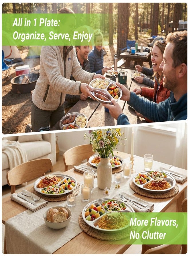 Offiper 304(18/8) Stainless Steel Compartment Plates, 4 Pack Mixing Sizes 7.87” 8.7” 9.4” 10.2” Round Divided Trays with 3 Dividers for Portion Control, Metal Sectional Stackable Dishes for Eating - Image 5