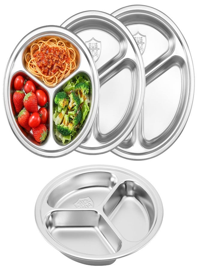 Offiper 304(18/8) Stainless Steel Compartment Plates, 4 Pack Mixing Sizes 7.87” 8.7” 9.4” 10.2” Round Divided Trays with 3 Dividers for Portion Control, Metal Sectional Stackable Dishes for Eating - Image 1