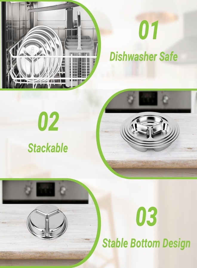 Offiper 304(18/8) Stainless Steel Compartment Plates, 4 Pack Mixing Sizes 7.87” 8.7” 9.4” 10.2” Round Divided Trays with 3 Dividers for Portion Control, Metal Sectional Stackable Dishes for Eating - Image 3