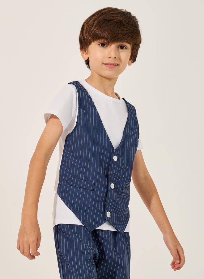Styli Striped Round Neck Vest T-Shirt and Shorts Set  - Image 2