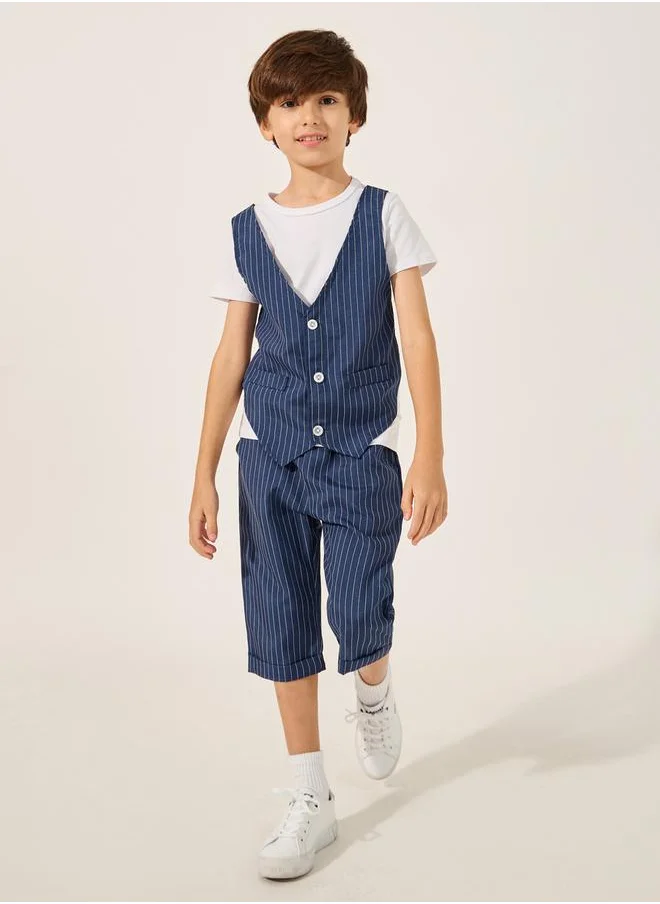 Styli Striped Round Neck Vest T-Shirt and Shorts Set