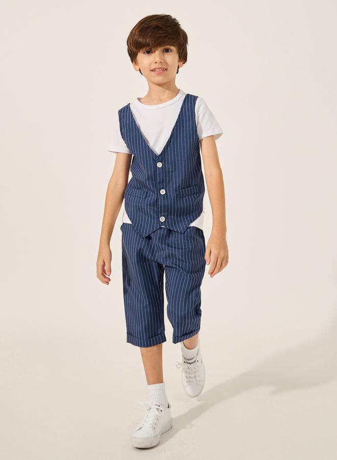Styli Striped Round Neck Vest T-Shirt and Shorts Set  - Image 1