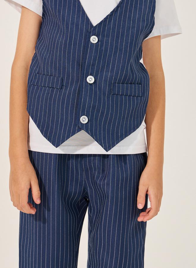 Styli Striped Round Neck Vest T-Shirt and Shorts Set  - Image 3