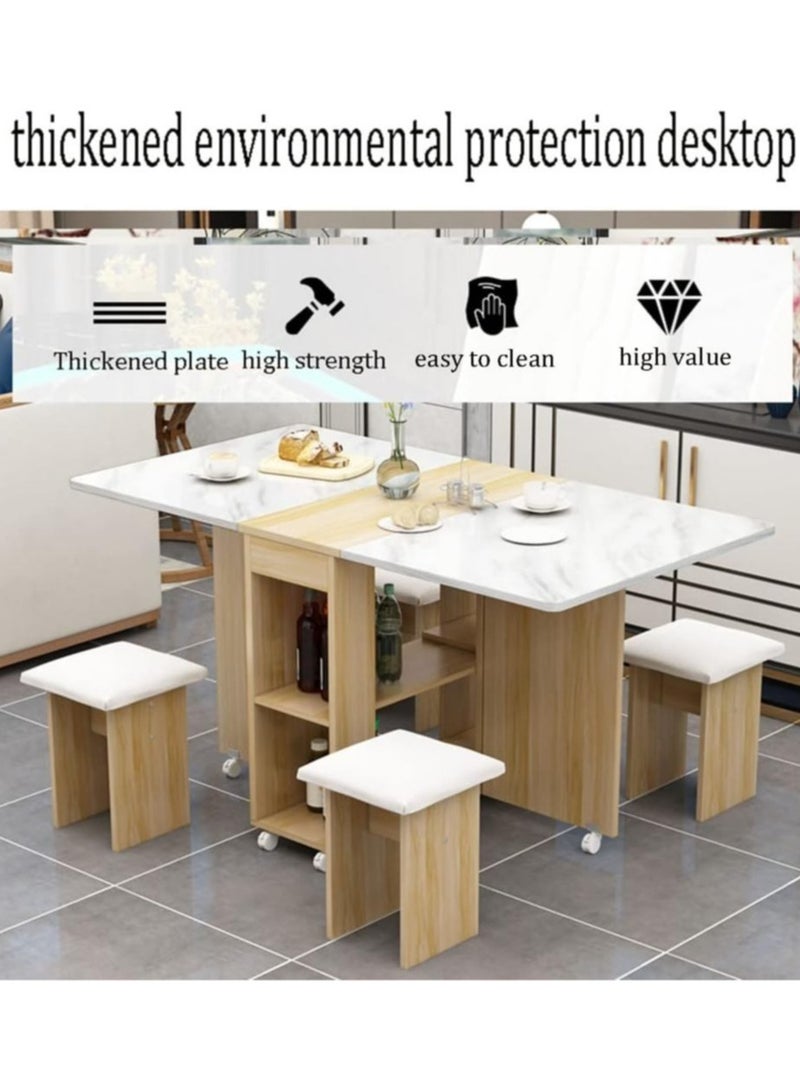 Generic Extendable Folding Dining Table Set , Multifunctional Mobile Kitchen Table, Folding Kitchen Table with 2-Layer Shelf, 6 Wheels, With Four Benches  - Image 3