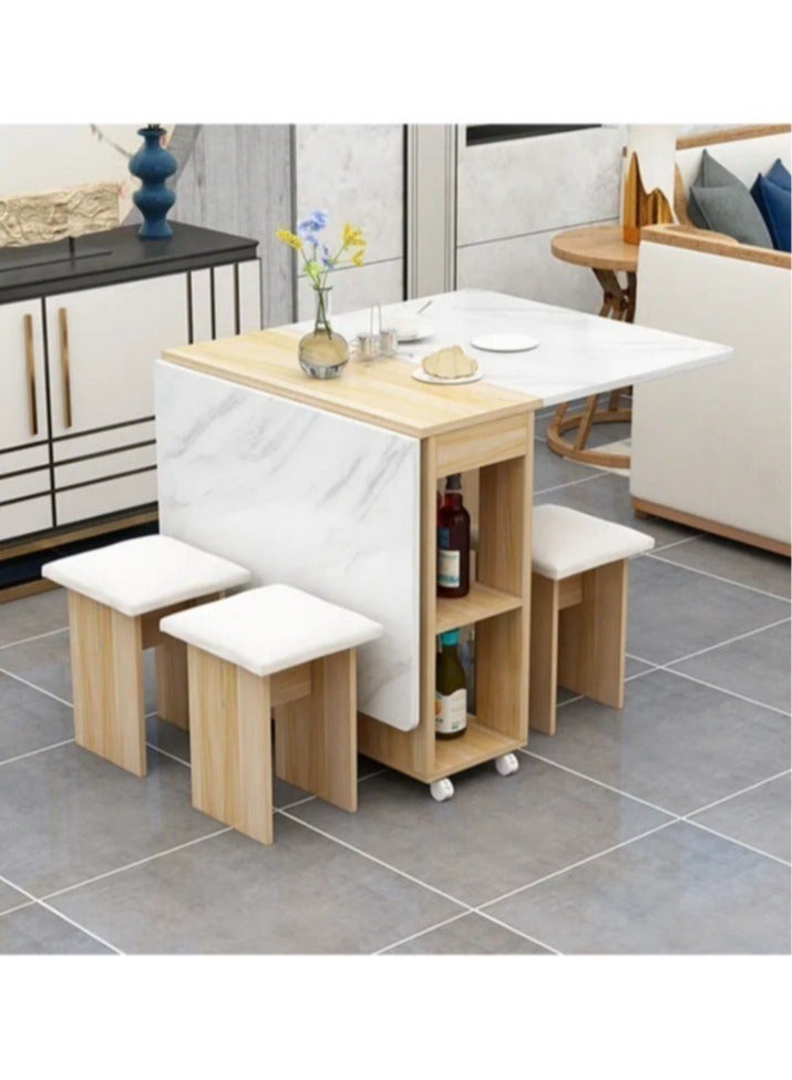 Generic Extendable Folding Dining Table Set , Multifunctional Mobile Kitchen Table, Folding Kitchen Table with 2-Layer Shelf, 6 Wheels, With Four Benches  - Image 2