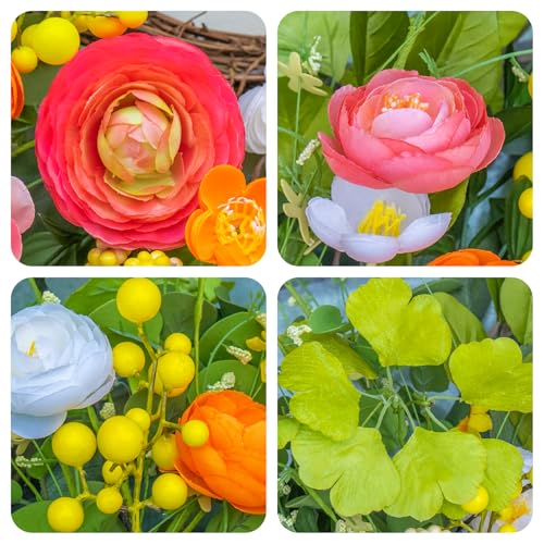 Soomeir Spring Wreaths for Front Door, Soomeir Summer Peony Outdoor Wreath, Green Floral Door Decor for All Season Home Wall Wedding Farmhouse Holiday (Colorful Peony) - Image 3