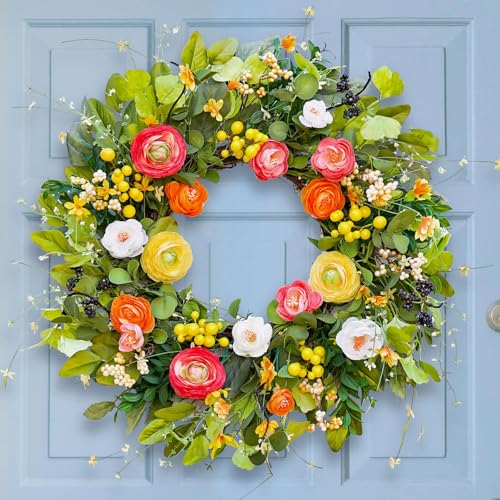 Soomeir Spring Wreaths for Front Door, Soomeir Summer Peony Outdoor Wreath, Green Floral Door Decor for All Season Home Wall Wedding Farmhouse Holiday (Colorful Peony) - Image 1