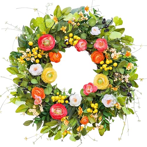 Soomeir Spring Wreaths for Front Door, Soomeir Summer Peony Outdoor Wreath, Green Floral Door Decor for All Season Home Wall Wedding Farmhouse Holiday (Colorful Peony) - Image 4