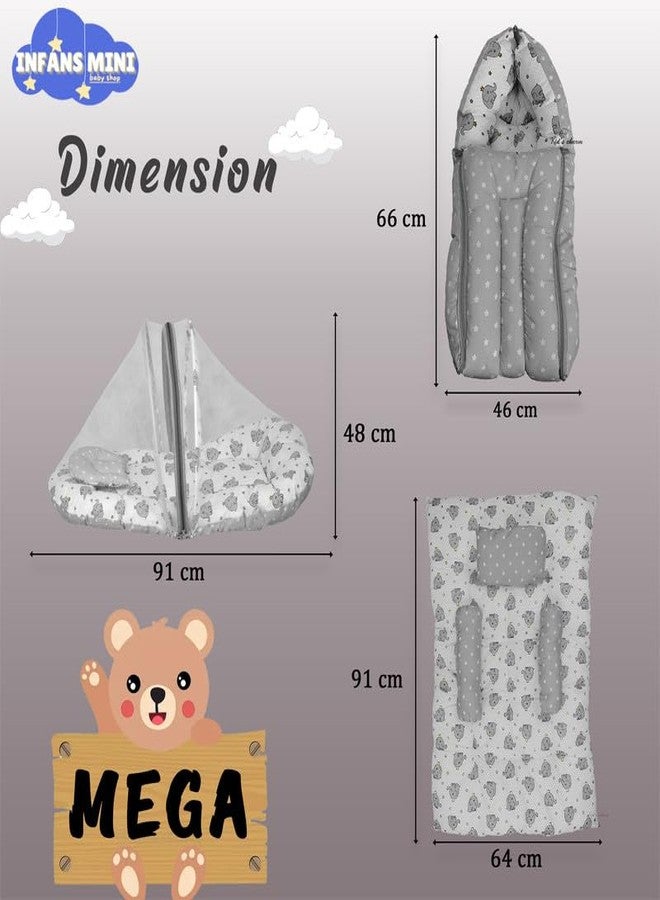 Infans Mini New Born Baby Bedding Set Premium Cotton|Baby Carry Bed|Mosquito Net Bed|Baby Sleeping Bed for 4-8 Months Babies(Mega)|Unisex 3 Pcs Portable Bedding Set |(Elephant Grey) - Image 4