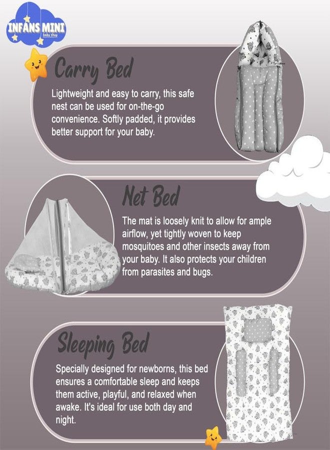 Infans Mini New Born Baby Bedding Set Premium Cotton|Baby Carry Bed|Mosquito Net Bed|Baby Sleeping Bed for 4-8 Months Babies(Mega)|Unisex 3 Pcs Portable Bedding Set |(Elephant Grey) - Image 2