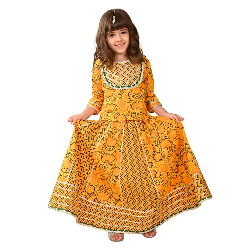 Superminis Girls Cotton Sliver Yoke 3/4 Sleeves Ethnic Printed Choli With Kali Style Lehenga Set (3-4 Years, Yellow) | Finish Type: Readymade - Image 1