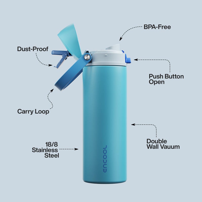 ENCOOL Insulated Water Bottle with Straw - Encool Stainless Steel Water Bottle with Push Button Lid, Leak-Proof & BPA-Free, Keeps Cold for 24 Hours for Sports, Travel, Gym (24 oz, Silk Blue) - Image 4