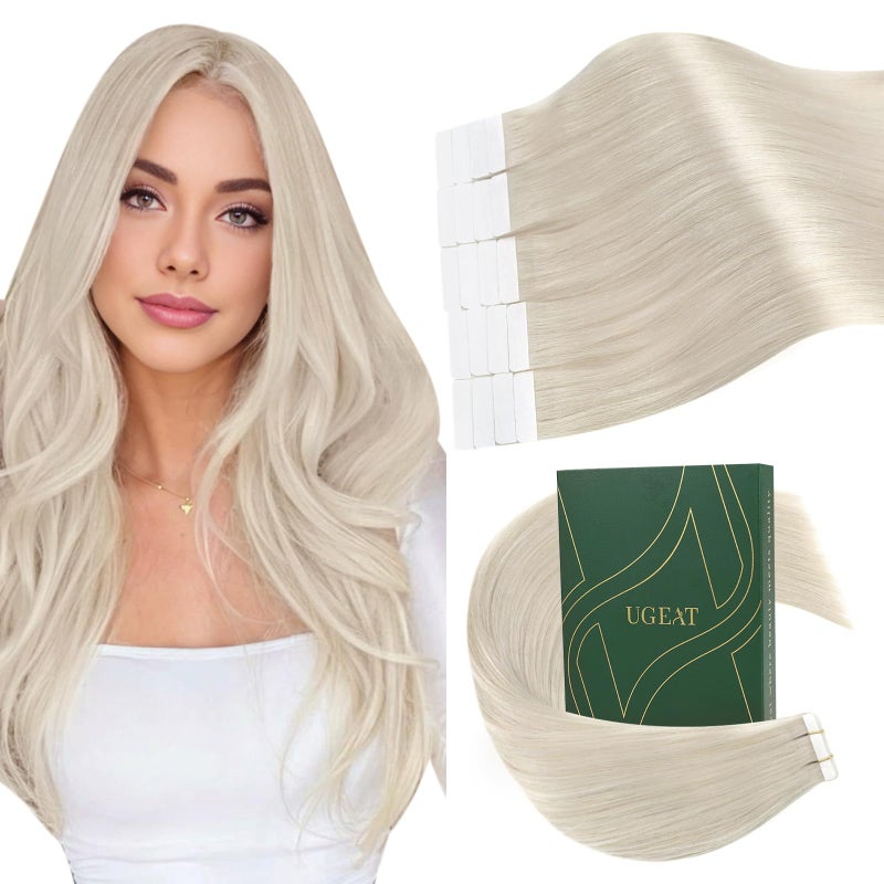 Ugeat Blonde Tape Weft Hair Extensions Human Hair Long Weft Tape in Hair Extensions Human Hair Straight Platinum Blonde Lightweight for Party Wear 18Inch 20Pcs 50G