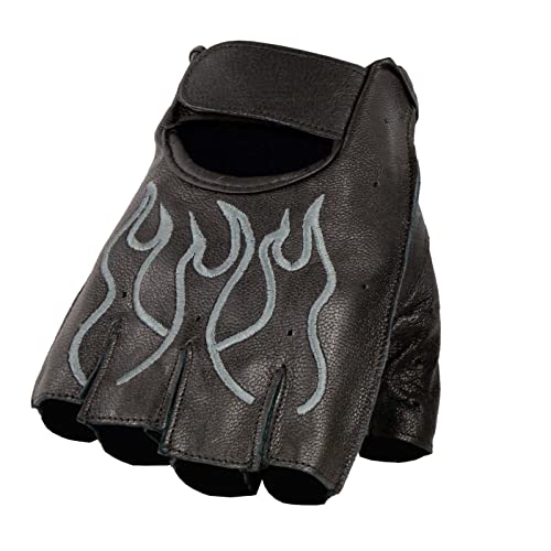 Milwaukee Leather SH198 Mens Black and Grey Leather Flamed Embroidered Fingerless Gloves XLarge - Image 3