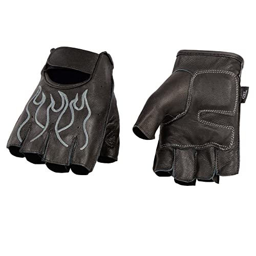 Milwaukee Leather SH198 Mens Black and Grey Leather Flamed Embroidered Fingerless Gloves XLarge - Image 1