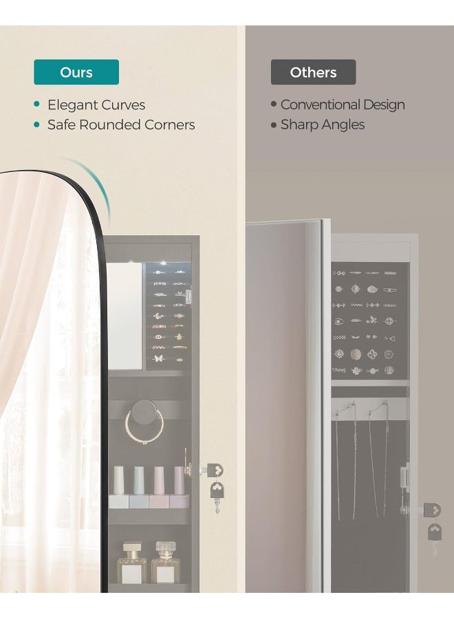سونمجز منظم أدوات المجوهرات، خزانة مجوهرات LED مثبتة على الحائط/الباب، مرآة واسعة مستديرة قابلة للقفل مع مساحة تخزين، مرآة داخلية، 3.9 × 16.5 × 42.5 بوصة، سطح أسود مع بطانة سوداء - Image 3