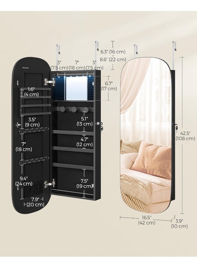 سونمجز منظم أدوات المجوهرات، خزانة مجوهرات LED مثبتة على الحائط/الباب، مرآة واسعة مستديرة قابلة للقفل مع مساحة تخزين، مرآة داخلية، 3.9 × 16.5 × 42.5 بوصة، سطح أسود مع بطانة سوداء - Image 5