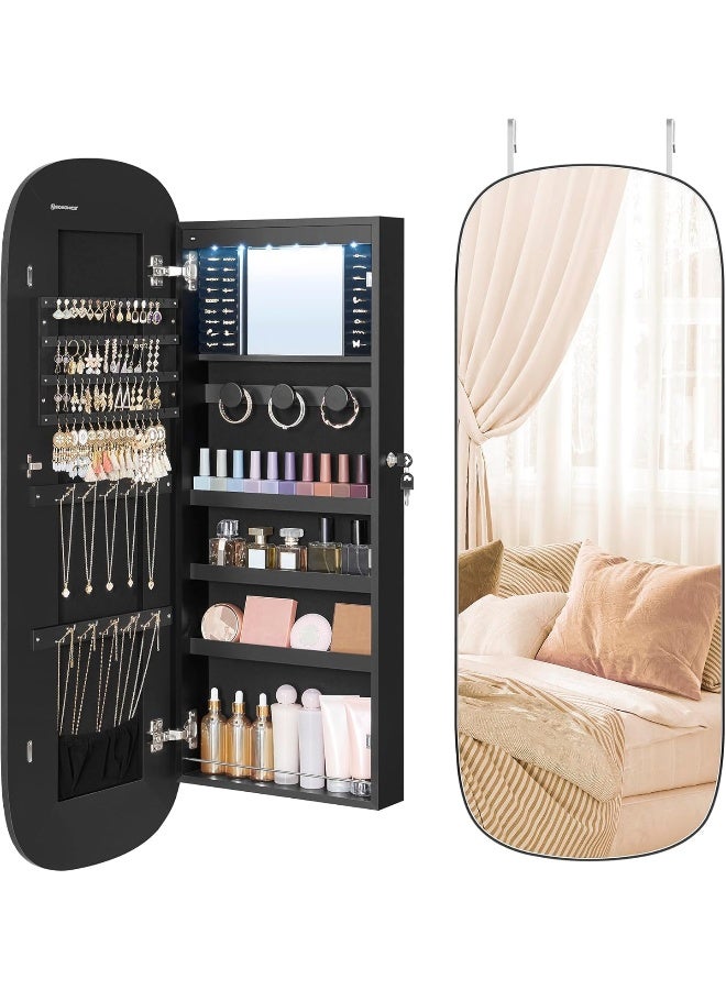 سونمجز منظم أدوات المجوهرات، خزانة مجوهرات LED مثبتة على الحائط/الباب، مرآة واسعة مستديرة قابلة للقفل مع مساحة تخزين، مرآة داخلية، 3.9 × 16.5 × 42.5 بوصة، سطح أسود مع بطانة سوداء - Image 1