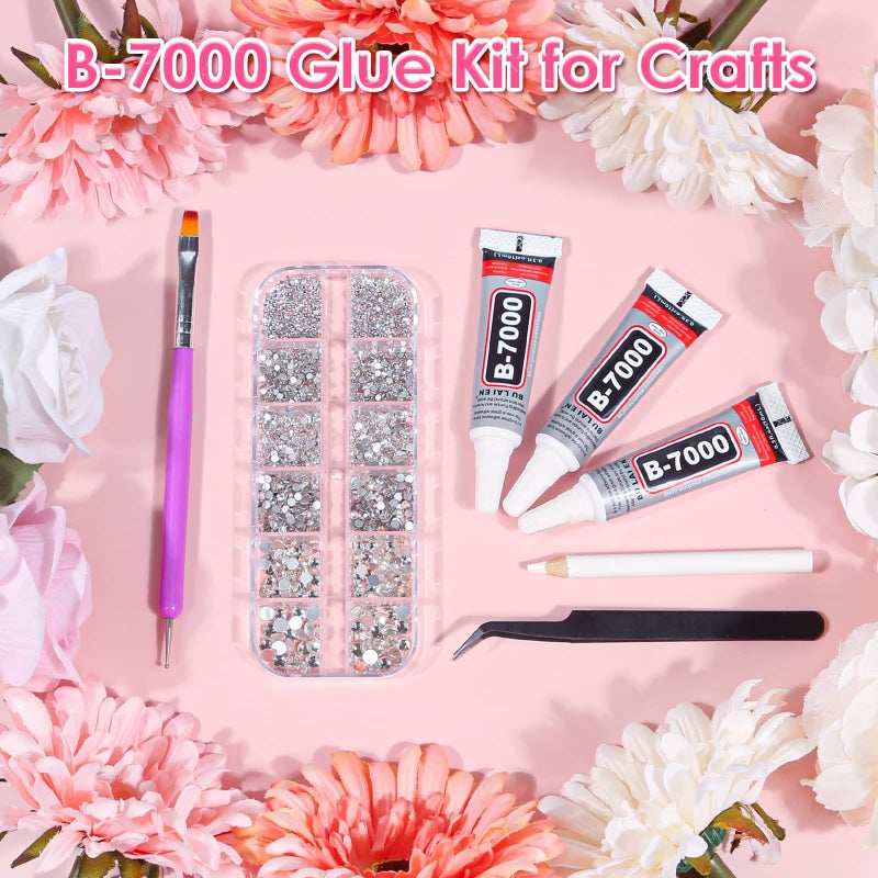 Audab B7000 Jewelry Adhesive Glue with Glass Rhinestones for Crafts, 2100Pcs Flat Back Gems Crystal Not Resin Rhinestones with Tweezer Clear Glue for DIY Clothes Fabric Shoes Jewelry Making Nail Art - Image 3
