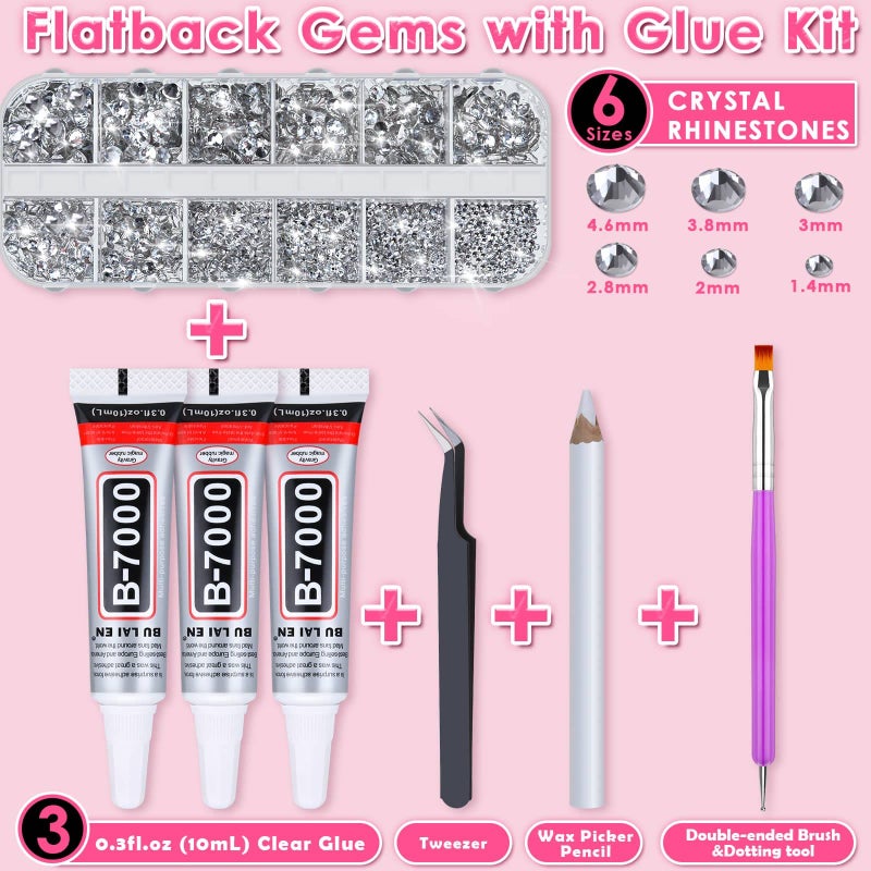 Audab B7000 Jewelry Adhesive Glue with Glass Rhinestones for Crafts, 2100Pcs Flat Back Gems Crystal Not Resin Rhinestones with Tweezer Clear Glue for DIY Clothes Fabric Shoes Jewelry Making Nail Art - Image 2