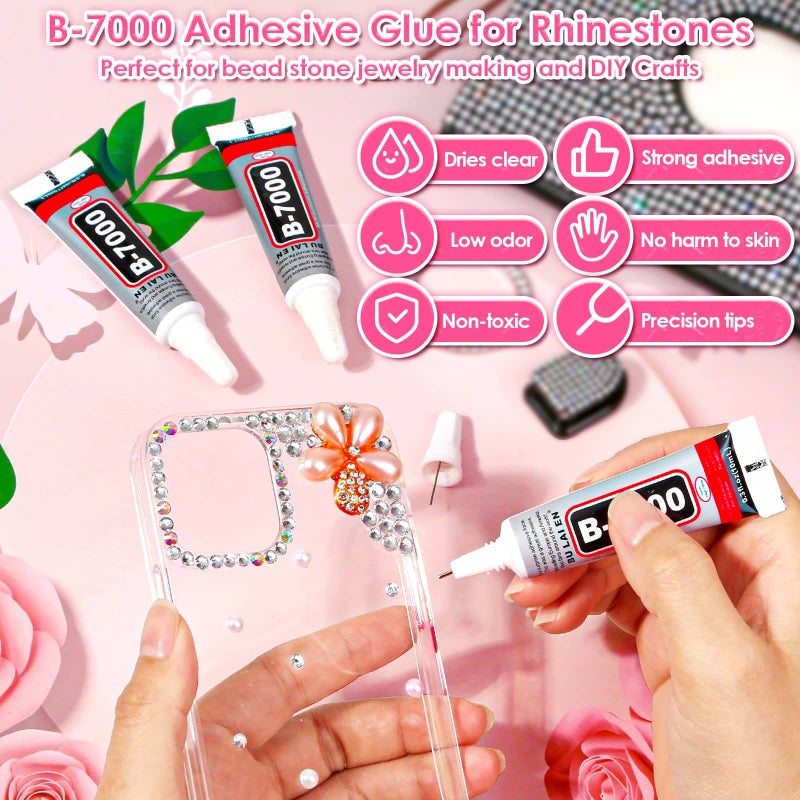 Audab B7000 Jewelry Adhesive Glue with Glass Rhinestones for Crafts, 2100Pcs Flat Back Gems Crystal Not Resin Rhinestones with Tweezer Clear Glue for DIY Clothes Fabric Shoes Jewelry Making Nail Art - Image 4