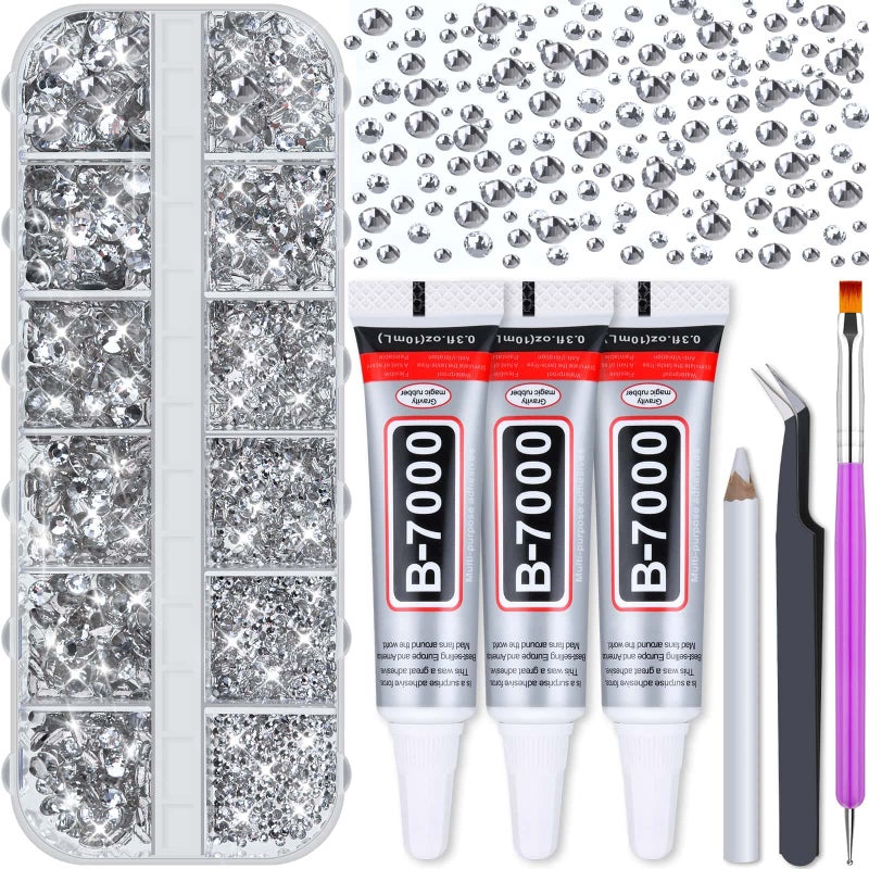Audab B7000 Jewelry Adhesive Glue with Glass Rhinestones for Crafts, 2100Pcs Flat Back Gems Crystal Not Resin Rhinestones with Tweezer Clear Glue for DIY Clothes Fabric Shoes Jewelry Making Nail Art - Image 1
