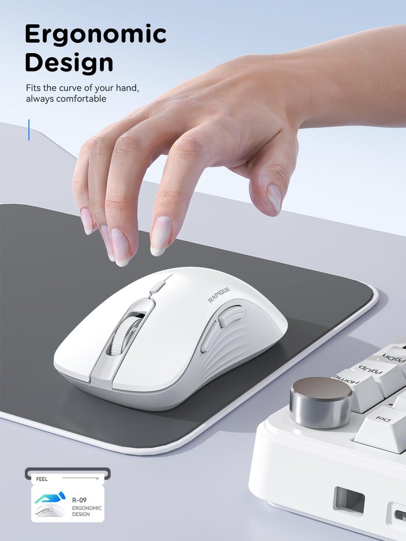 RAPIQUE Wireless Mouse - Dual Bluetooth & 2.4 GHz USB Receiver, Ergonomic Design, Quiet Clicks, Low Power - Multi-Device Compatibility for Laptop, Computer, iPad, MacBook, Chromebook (White and Grey) - Image 3