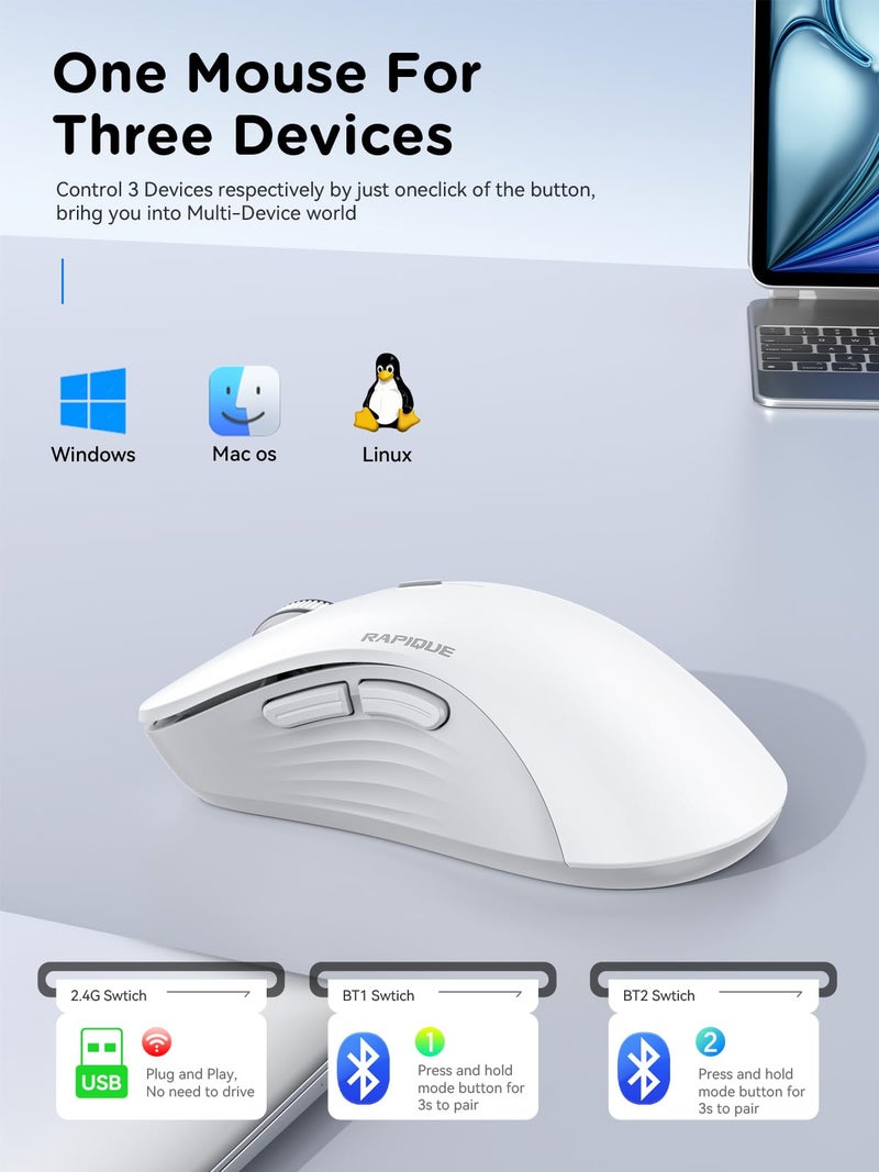 RAPIQUE Wireless Mouse - Dual Bluetooth & 2.4 GHz USB Receiver, Ergonomic Design, Quiet Clicks, Low Power - Multi-Device Compatibility for Laptop, Computer, iPad, MacBook, Chromebook (White and Grey) - Image 2