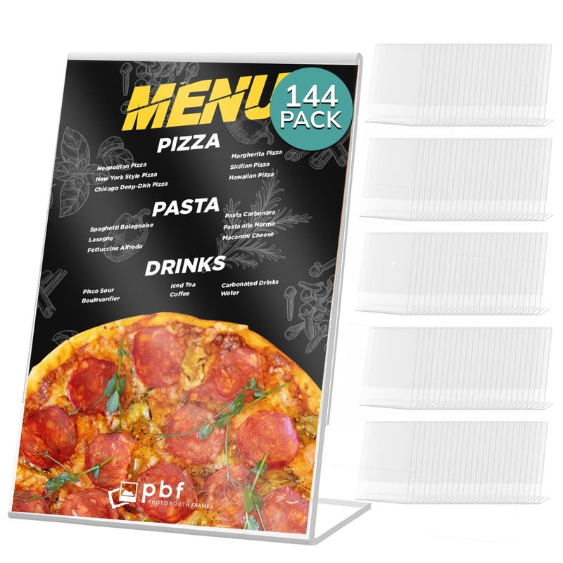 pbf PHOTO BOOTH FRAMES pbf 4x6 Acrylic Sign Holder  4 x 6 Vertical Stand Up Slanted Sign Holder  Acrylic Stands for Display  Clear Picture Frame Menu Table Top Stand Plastic Flyer Holder 144Pack