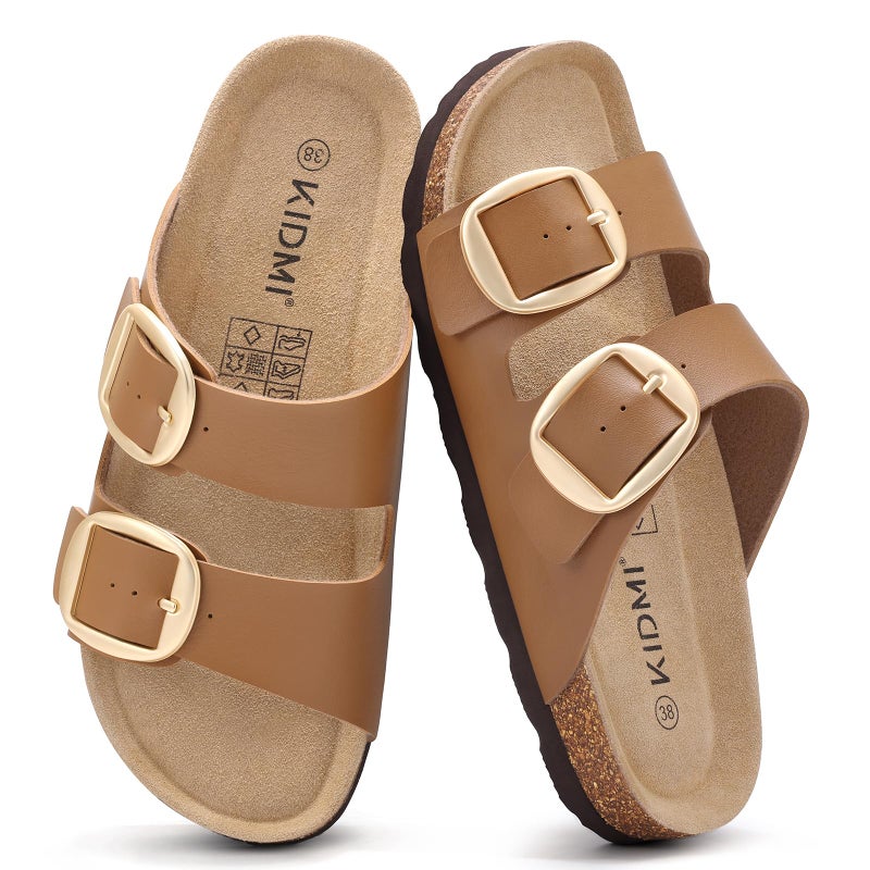 KIDMI Women's Cork Footbed Slide Sandals Comfortable Arch Support Outdoor Sandal with Big Adjustable Buckle for Summer Light Brown Size 8-8.5 (39) - Image 1