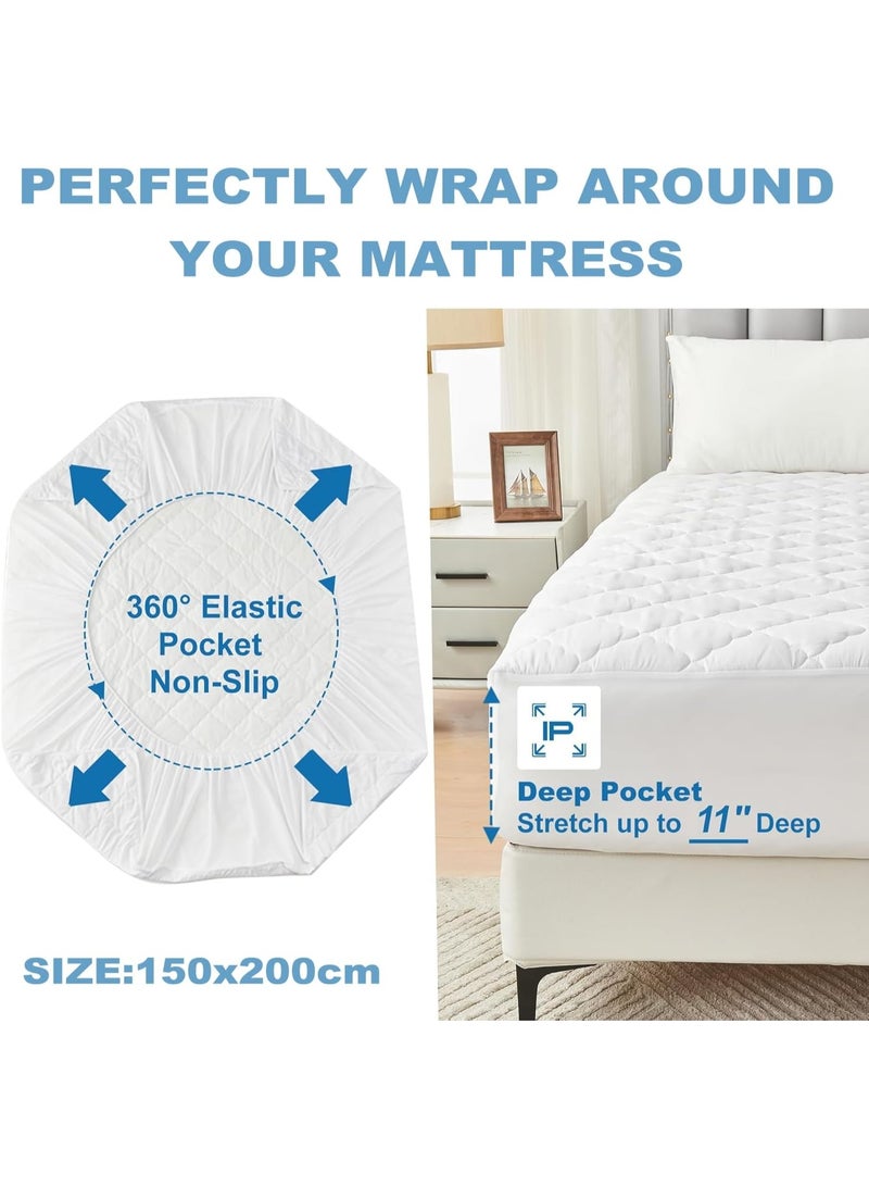 BananaHome Mattress Pad Waterproof Full Size Mattress Protector Breathable Soft, Noiseless Quilted Fitted Mattress Cover Fits up to 30cm Deep Elastic Fitted Mattress Topper (White, 200x200cm) - Image 2