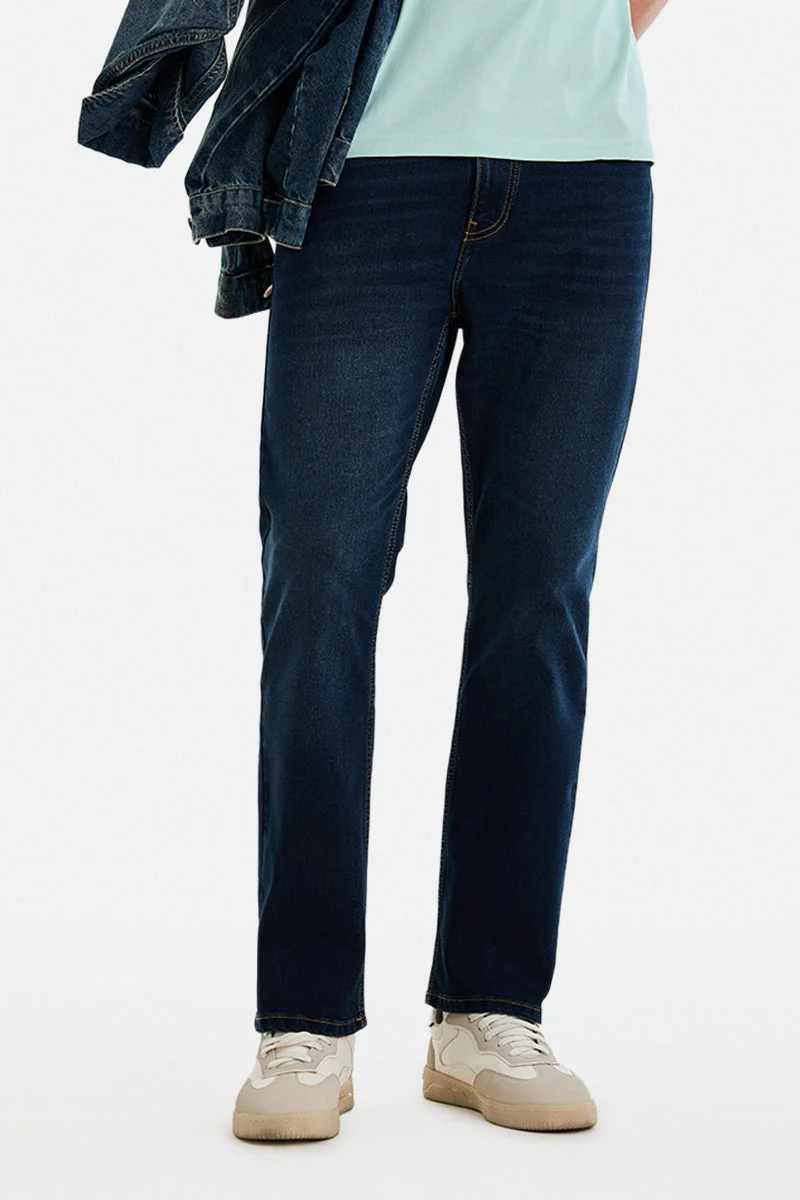 Dark Blue Solid Straight Fit Casual Jeans