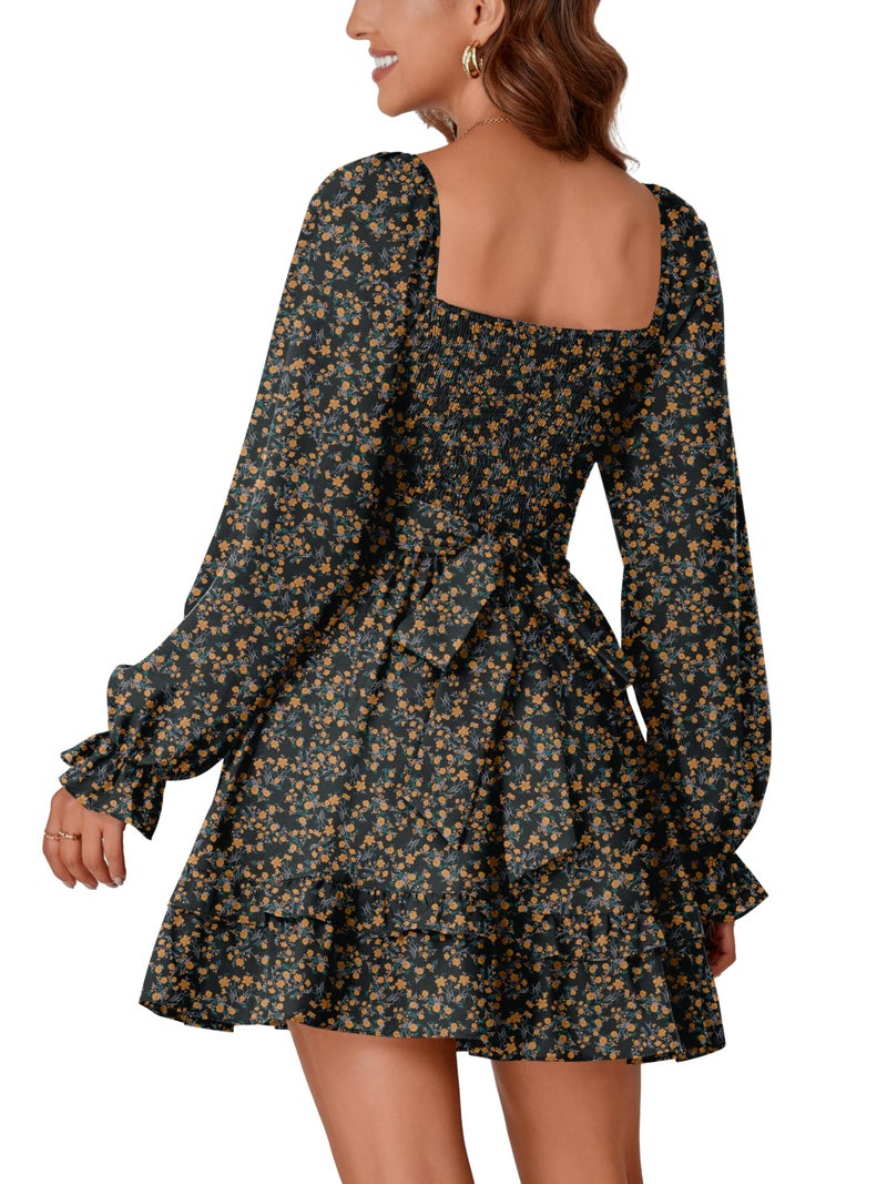 KIFOVEN Women's Print Lantern Long Sleeve Smocked Wrap Tiered Ruffle Flowy A Line Short Mini Dress Yellow Flower X-Small - Image 5