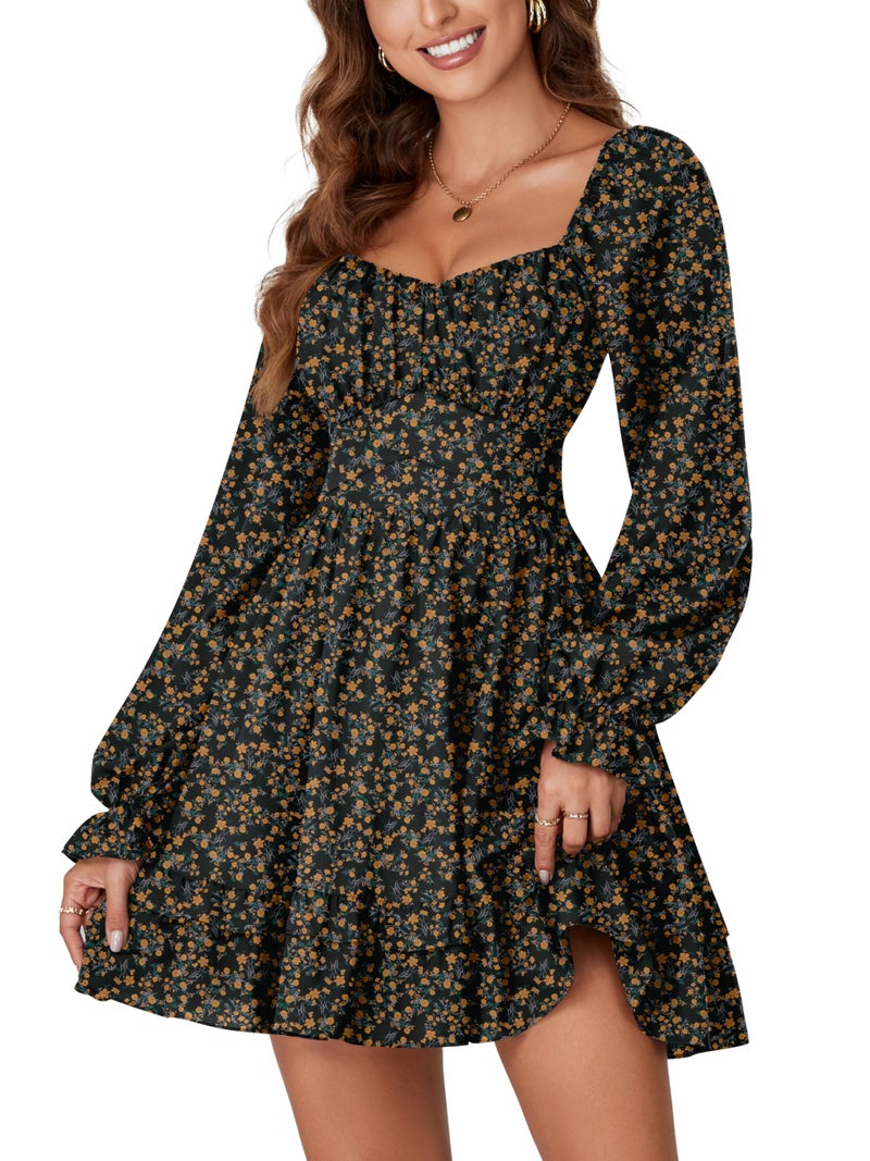 KIFOVEN Women's Print Lantern Long Sleeve Smocked Wrap Tiered Ruffle Flowy A Line Short Mini Dress Yellow Flower X-Small - Image 3