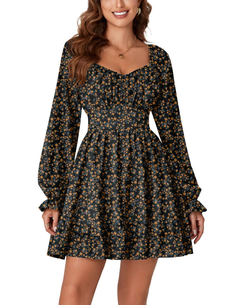 KIFOVEN Women's Print Lantern Long Sleeve Smocked Wrap Tiered Ruffle Flowy A Line Short Mini Dress Yellow Flower X-Small - Image 2