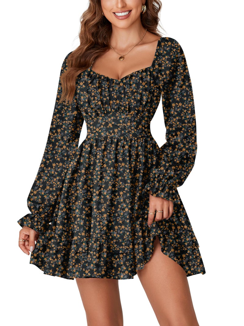 KIFOVEN Women's Print Lantern Long Sleeve Smocked Wrap Tiered Ruffle Flowy A Line Short Mini Dress Yellow Flower X-Small - Image 1